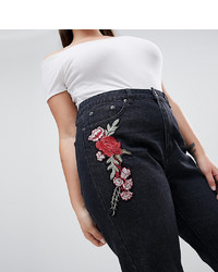 Liquor N Poker Plus Boyfriend Jean With Stepped Hem And Rose Embroidery