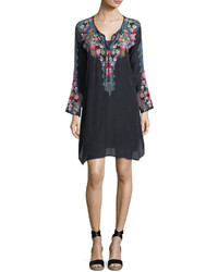 Johnny Was Tanyah Tie Neck Embroidered Dress W Slip
