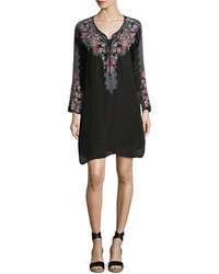 Johnny Was Tanyah Tie Neck Embroidered Dress W Slip