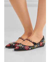 Tabitha Simmons Hermione Fest Embroidered Canvas Point Toe Flats Black