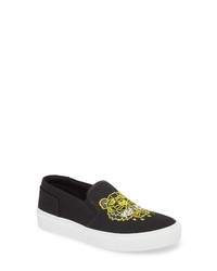 Black Embroidered Canvas Slip-on Sneakers