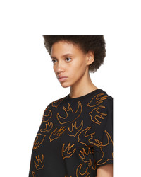 McQ Alexander McQueen Black And Orange Embroidered Swallow Signature T Shirt Dress