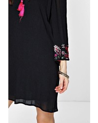 Boohoo Paris Embroidered Sleeve Off The Shoulder Dress