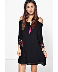 Boohoo Paris Embroidered Sleeve Off The Shoulder Dress