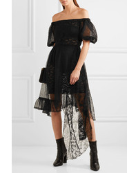 Preen by Thornton Bregazzi Nokomis Off The Shoulder Embroidered Chiffon And Lace Dress Black