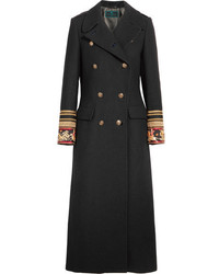 Etro Embroidered Double Breasted Wool Blend Twill Coat Black