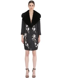 Floral Embroidered Satin Faux Fur Coat