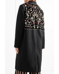 Vilshenko Fotina Embroidered Velvet Paneled Wool Blend Coat Black