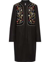 Vilshenko Fotina Embroidered Velvet Paneled Wool Blend Coat Black