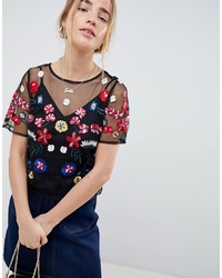 ASOS DESIGN Embroidered T Shirt In Mesh With Cami