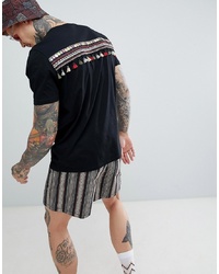 ASOS DESIGN Festival Relaxed T Shirt With Pom Pom Taping In Black
