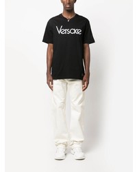 Versace Logo Embroidered Cotton T Shirt