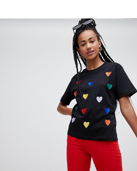 Monki Oversized Heart Embroidery T Shirt In Black