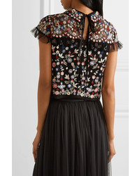 Needle & Thread Posy Cropped Embroidered Tulle Top Black