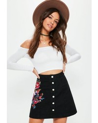 Missguided Black Button Embroidered Denim Mini Skirt