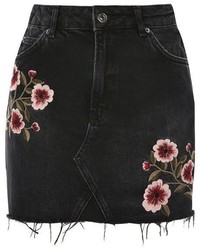 Black Embroidered Denim Skirt