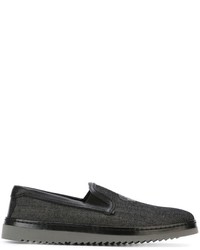 Black Embroidered Denim Slip-on Sneakers
