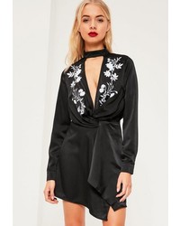 Missguided Black Silky Choker Detail Embroidered Dress