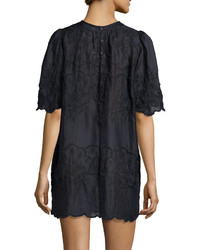 Isabel Marant Embroidered Short Sleeve Voile Dress Black