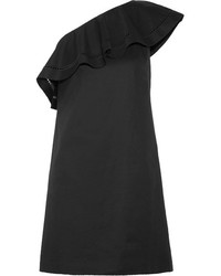 Rachel Zoe Kendall One Shoulder Embroidered Stretch Cotton Poplin Mini Dress Black