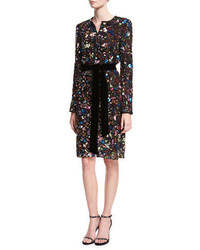 Monique Lhuillier Metallic Embroidered Long Sleeve Belted Dress