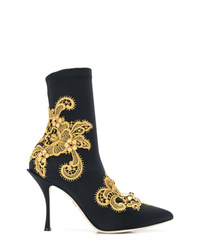 Black Embroidered Elastic Ankle Boots