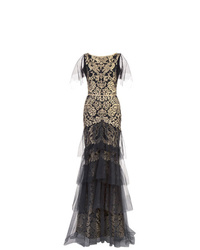 Marchesa Notte Flutter Sleeve Metallic Embroidered Gown