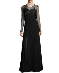 Halston Heritage Sheer Long Sleeve Embroidered Evening Gown Black