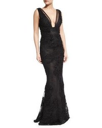 Marchesa Notte Sleeveless Embroidered Tulle Mermaid Gown Black