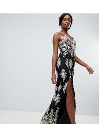 Chi Chi London Tall Scalloped Plunge Maxi Prom Dress With Gold Embroidery In Blackgold