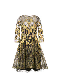 Marchesa Notte Mesh Overlay Metallic Embroidered Dress