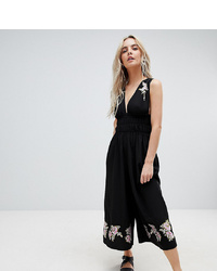 Asos Petite Asos Design Petite Ruched Waist Plunge Jumpsuit With Embroidery