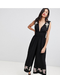 Asos Tall Asos Design Tall Ruched Waist Plunge Jumpsuit With Embroidery