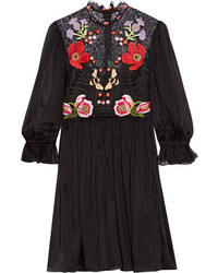 Temperley London Mini Aura Embroidered Silk Blend Chiffon And Lace Mini Dress Black