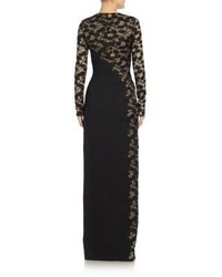 J. Mendel Asymmetrical Embroidered Lace Long Sleeve Gown