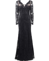 Marchesa Notte V Neck Lace Overlay Embroidered Gown