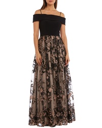 Morgan & Co. Off The Shoulder Bodice Embroidered Chiffon Gown