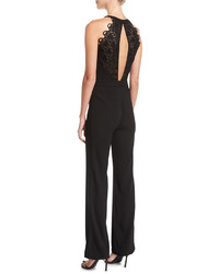 Ramy Brook Eve Halter Sleeveless Crepe Jumpsuit W Embroidered Lace