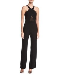 Ramy Brook Eve Halter Sleeveless Crepe Jumpsuit W Embroidered Lace