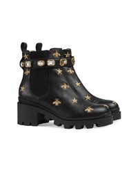 Gucci Embroidered Leather Ankle Boot With Belt