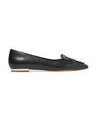 Black Embroidered Leather Ballerina Shoes