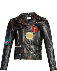 Black Embroidered Leather Biker Jacket