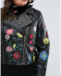 Asos Curve Curve Floral Embroidered Leather Biker Jacket