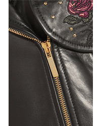 Elie Saab Embroidered Leather Biker Jacket Black