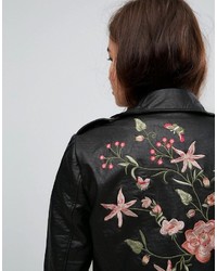 Only Embroidered Leather Look Biker Jacket