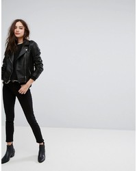 Only Embroidered Leather Look Biker Jacket