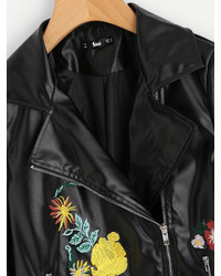 Shein Flower Embroidered Beaded Asymmetric Zip Biker Jacket