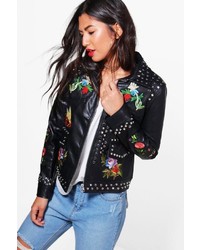 Boohoo Grace Studded Embroidered Faux Leather Biker