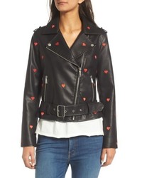 BCBGeneration Heart Embroidered Faux Leather Moto Jacket