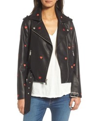 BCBGeneration Heart Embroidered Faux Leather Moto Jacket